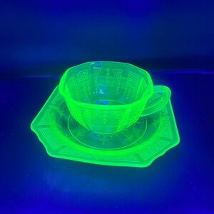 Vintage Hocking Princess Pattern Uranium Glass Teacup And Saucer 3.5 in.